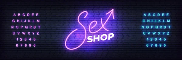 Tienda de sexo de neón. Brillante noche brillante letrero vector para publicidad tienda de sexo para adultos — Vector de stock