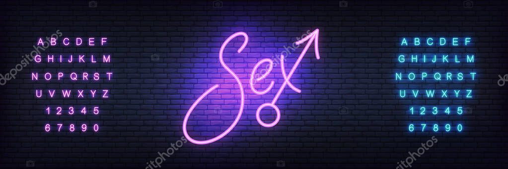 Sex neon sign. Glowing night bright lettering vector sign for adult sex shop advertisement.