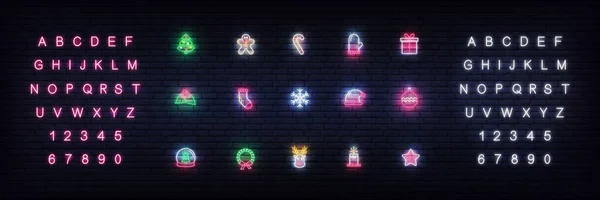 Ícones de Natal neon. Conjunto de design de ícones de néon brilhante para Natal e Ano Novo — Vetor de Stock