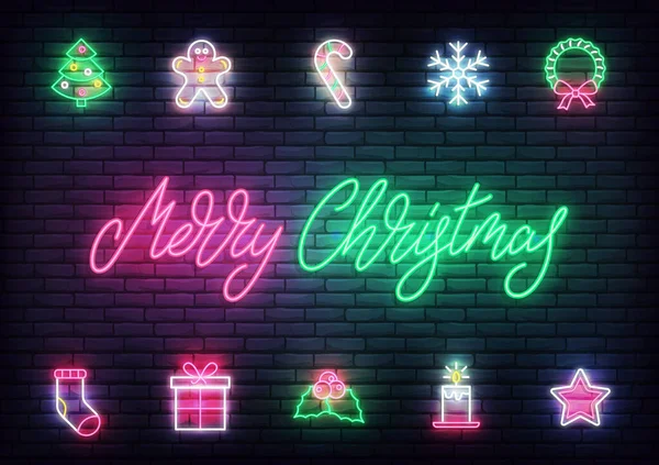 Karácsonyi ikon neon. Állítsa be a ragyogó neon ikonok design karácsonyra és újévre — Stock Vector