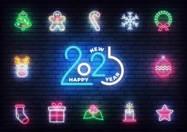 Neon-Ikonen zu Weihnachten. Leuchtende Neon-Ikonen für Weihnachten und Neujahr — Stockvektor