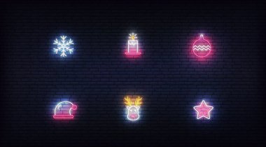Noel neon ikonları. Xmas ve Yeni Yıl için parlak neon renkli vektör sembolleri