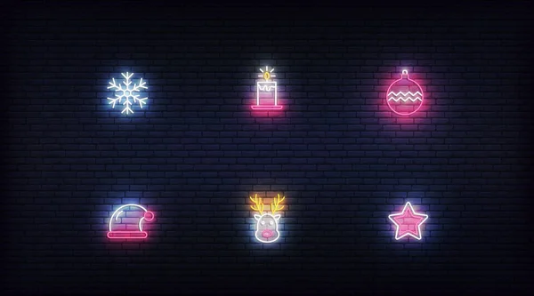 Ícones de néon de Natal. Vetor brilhante neon símbolos coloridos para Natal e Ano Novo — Vetor de Stock