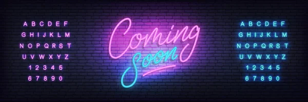 Yakında neon işareti. Yazı yakında promosyon, reklam, satış, pazarlama için