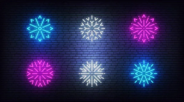 Schneeflockensymbole leuchten. Vektor leuchtende neonfarbene Schnee-Ikonen — Stockvektor