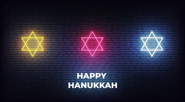 Feliz Hanukkah. Estrellas de neón de David decoraciones signo judío para Janucá — Vector de stock