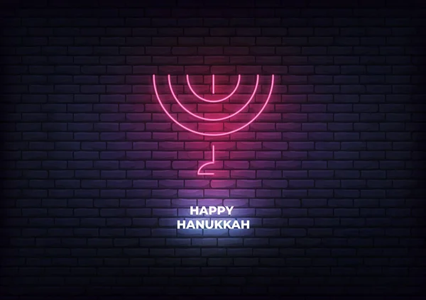 Mutlu Hanukalar. Menora neon ışığı. Musevi Hanuka bayramı için ışıltılı bir madalya