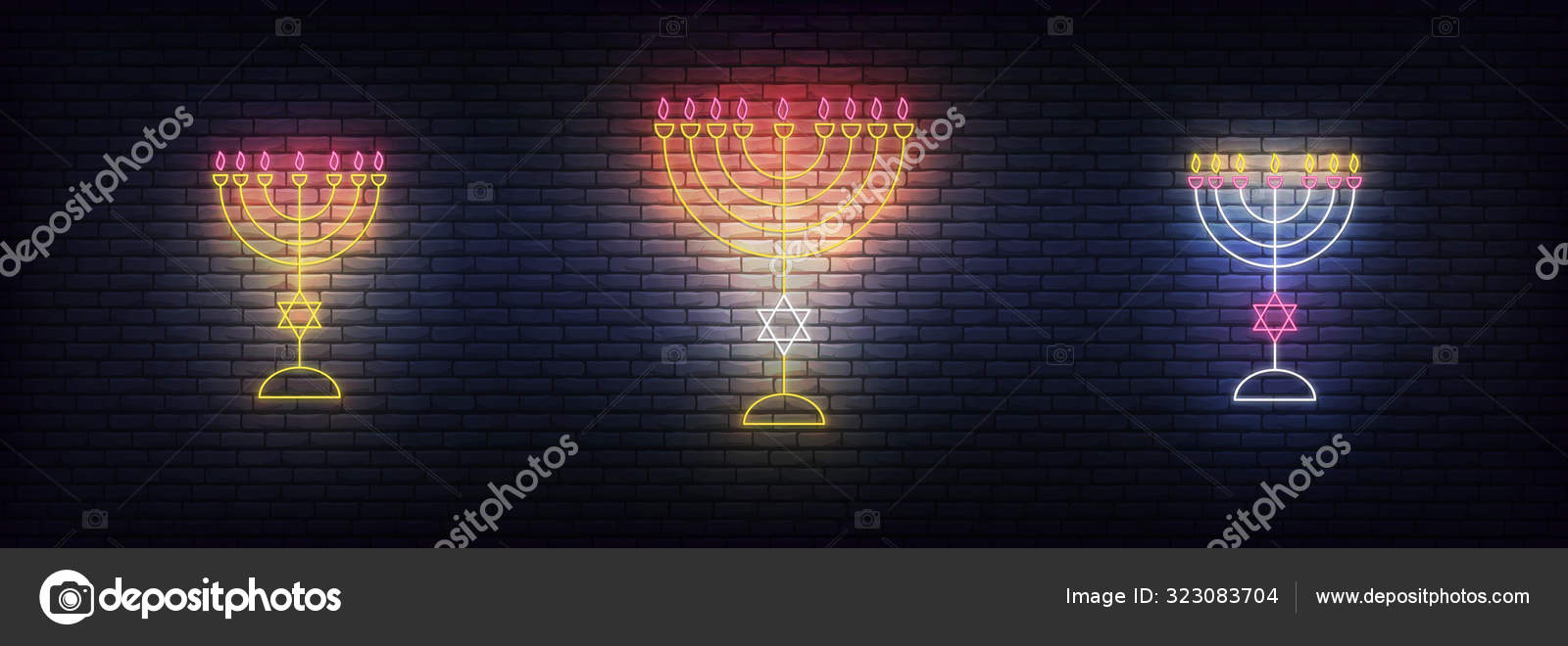 Menorah neon sign for Hanukkah. Glowing decorations for Jewish