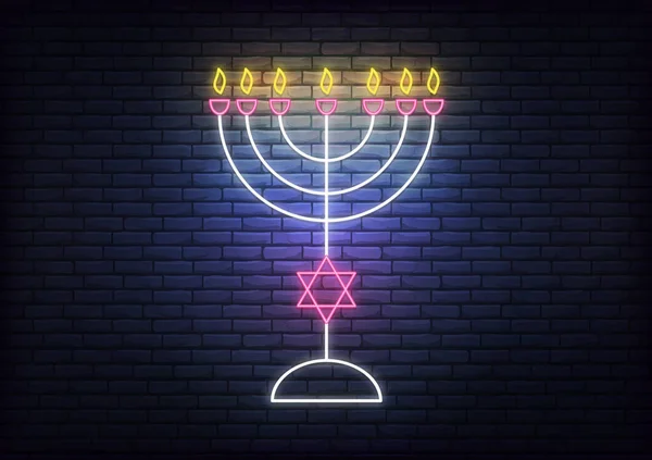 Señal de neón Menorah para Hanukkah. Decoración brillante para las vacaciones judías de Janucá — Vector de stock