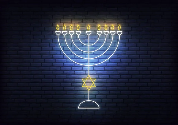 Chanukkah Menorah neon sign. Glowing decoration for Jewish Hanukkah holiday — Stock Vector