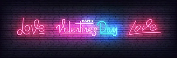 Dia dos Namorados neon set. Feliz Dia dos Namorados luz brilhante lettering sinal — Vetor de Stock
