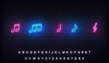 Müzik notaları neon şablonu. Parlayan müzik notaları