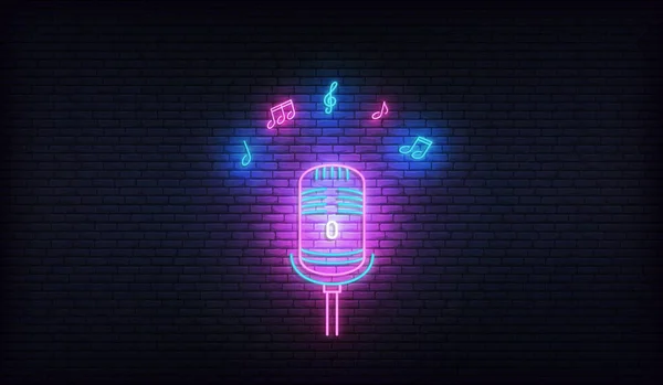 Micrófono con notas musicales. Plantilla de neón para karaoke, música en vivo, show de talentos — Vector de stock