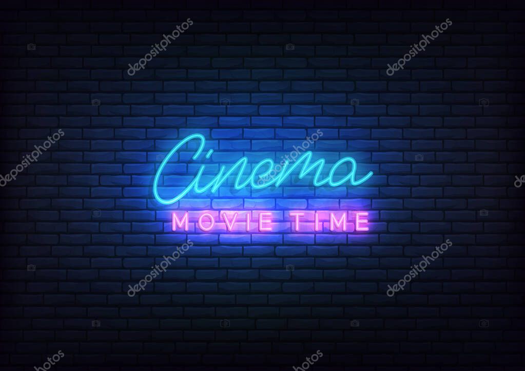 Cinema neon. Glowing letteing Cinema movie time label.