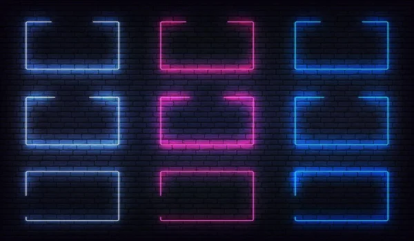 Neon çerçeve kenar ayarlandı. Mavi, mor, beyaz neon ışıklı arkaplan çerçeveleri