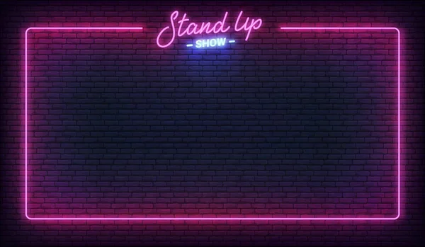 Kalk ayağa komedi gecesi neon şablonu. Harfler ve parlayan neon kenarlık çerçeve ayağa kalk