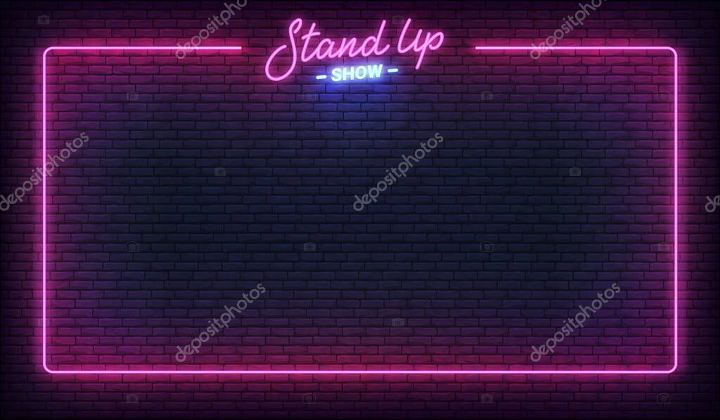 Stand up comedy night neon template. Stand up lettering and glowing neon border frame.