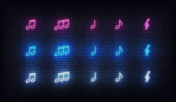 Musikalische Noten Neon-Set. Noten glühendes Zeichen lila, blauer und weißer Farben — Stockvektor
