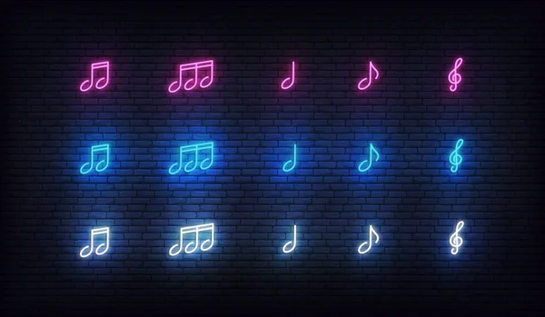 Neon müzik seti. Mor, mavi ve beyaz renklerin parlayan notaları