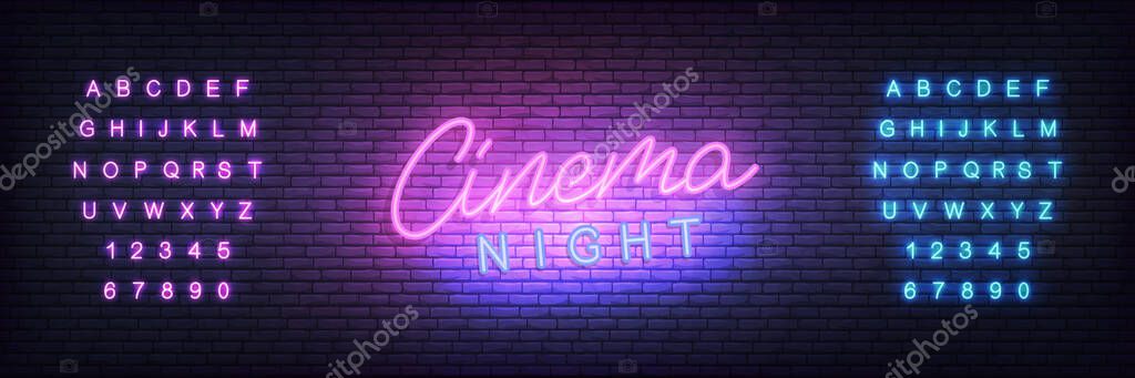 Cinema neon template. Glowing letteing Cinema night label.