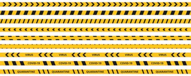 Karantina bandı koronavirüsü. Koronavirüs uyarısı: Karantina sarı ve siyah çizgiler..