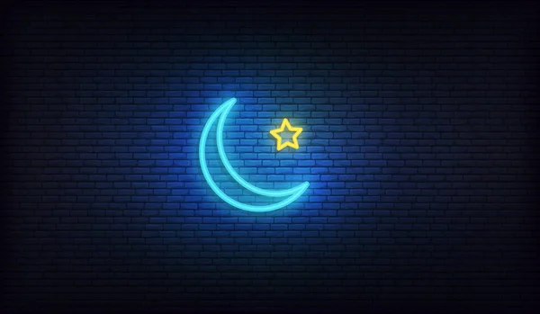 Ramadán Luna creciente neón. Luna azul brillante y estrella de oro amarillo signo islámico — Archivo Imágenes Vectoriales