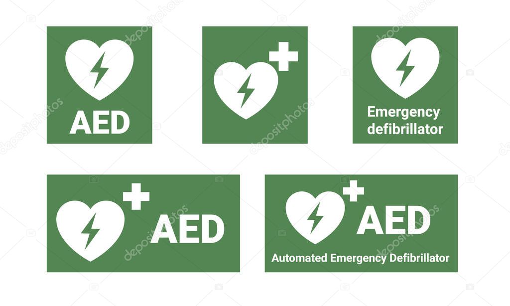 AED Emergency defibrillator location signs or stickers. Automated External Defibrillator.
