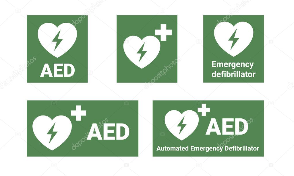AED Emergency defibrillator location signs or stickers. Automated External Defibrillator