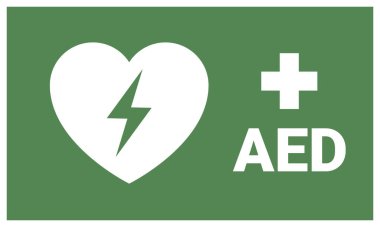 - AED. Acil ilk yardım defibrilatörü işaret etiketi
