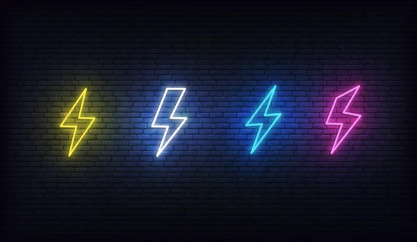 Fulmine al neon. Energia neon impostato. Segno di fulmini, tuoni ed elettricità . — Vettoriale Stock