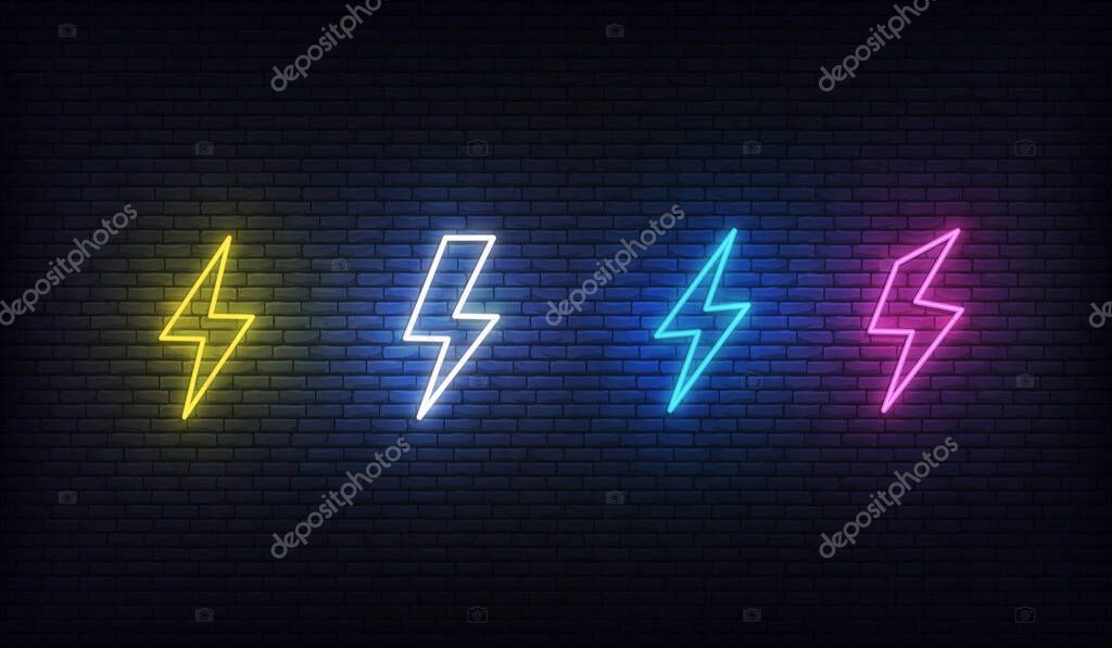 Lightning bolt neon. Energy neon set. Sign of lightning, thunder and electricity