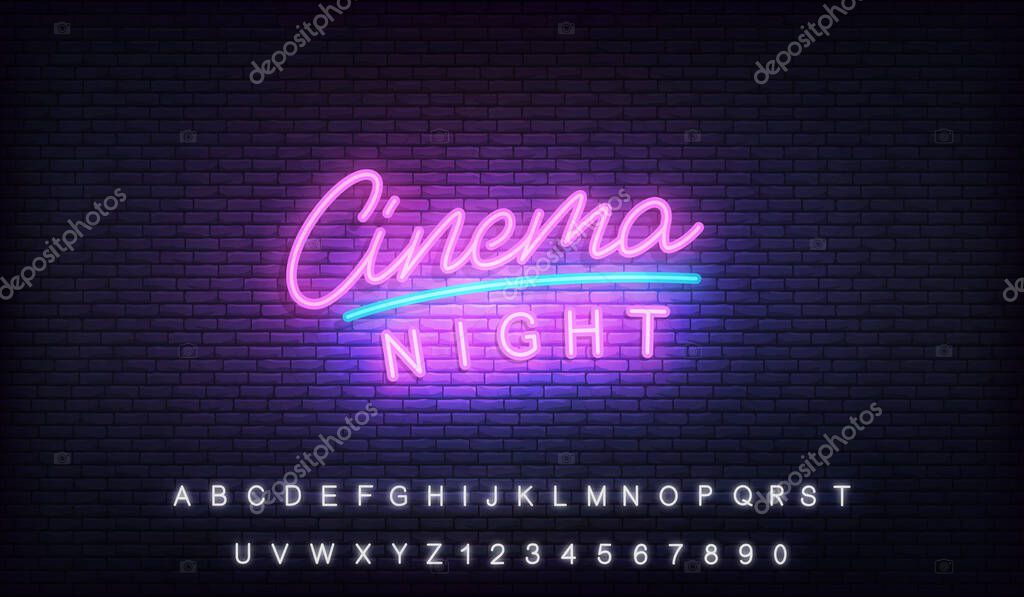 Cinema neon template. Glowing letteing Cinema night label.