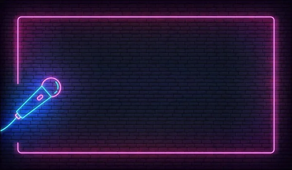 Neon mikrofon ve ışıldayan sınır çerçevesi. Karaoke için şablon, canlı müzik, ayağa kalk, komedi gösterisi