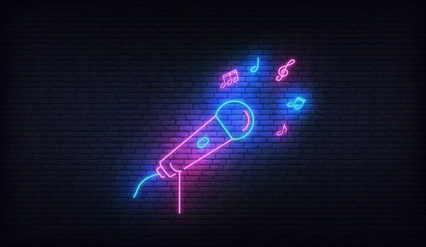 Neonmikrofon mit Musiknoten. Vorlage für Karaoke, Live-Musik, Talentshow — Stockvektor