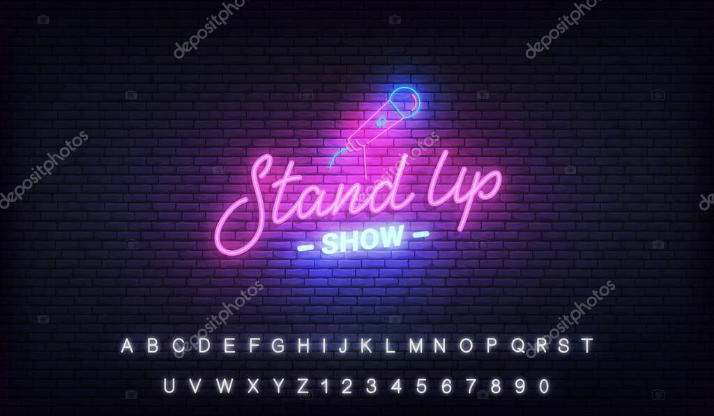 Stand up comedy show neon template. Stand up lettering and glowing neon microphone.