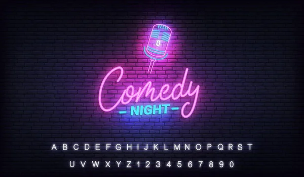 Komedi gecesi neon şablonu. Komedi harfleri ve parlayan neon mikrofon