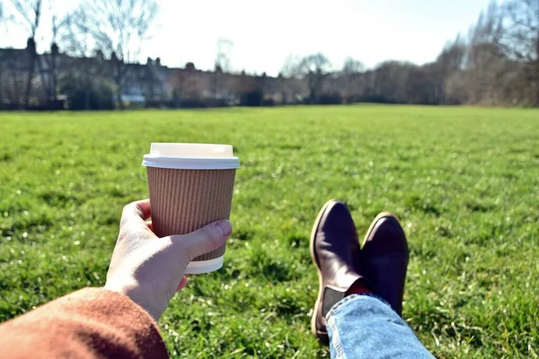 Take Away Coffee Seen Hand Coffee Sunny Day — Stock Photo, Image