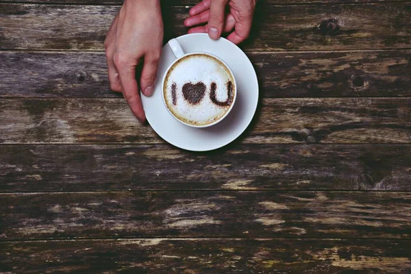 Love You Cup Coffee Wooden Background Love Cup Cappuccino Isolated — Stock Photo, Image