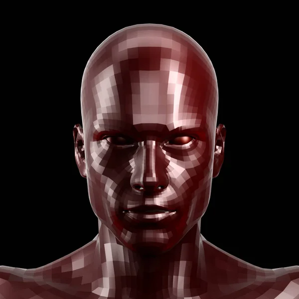 Rendu 3D. Visage robot rouge facetté avec yeux rouges regardant devant la caméra . Photos De Stock Libres De Droits