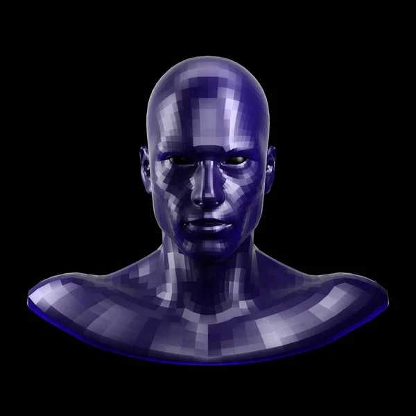 Representación 3D. Cara de robot azul facetada con ojos negros mirando al frente en la cámara . Imágenes De Stock Sin Royalties Gratis