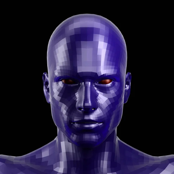 Rendu 3D. Visage robot bleu facetté avec yeux rouges regardant devant la caméra . Photos De Stock Libres De Droits