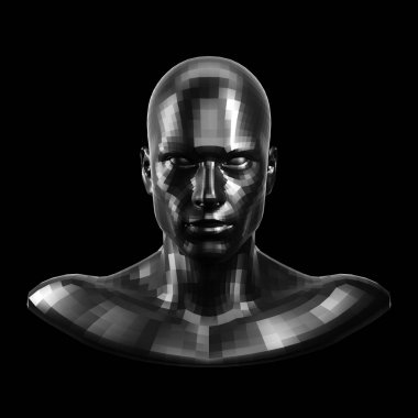 3D render. Yönlü siyah robot yüz ön kamera seyir siyah gözlü.