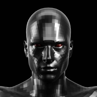 3D render. Kırmızı göz ön kameraya bakarak suratla yönlü siyah robot.