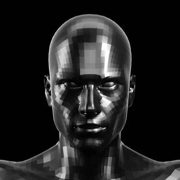 Representación 3D. Cara de robot negro facetado con ojos negros mirando al frente en la cámara . Imagen De Stock