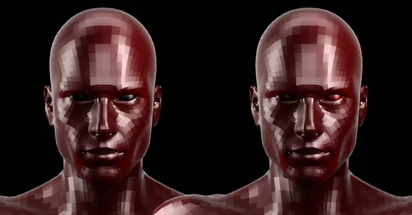 Rendement 3D. Deux têtes androïdes rouges à facettes regardant devant la caméra Photos De Stock Libres De Droits