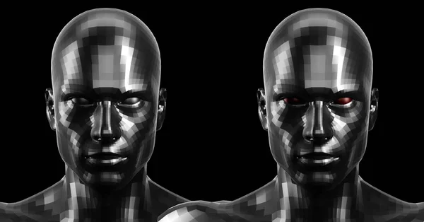 3d rendering. Two faceted black android heads looking front on camera — Stock Photo, Image