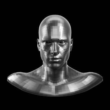 3D render. Yönlü gümüş robot yüz ön kameraya bakarak gözleri ile