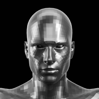 3D render. Yönlü gümüş robot yüz ön kameraya bakarak gözleri ile
