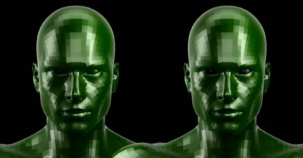 3d rendering. Two faceted green android heads looking front on camera