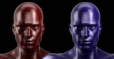 3D render. İki yönlü kırmızı ve mavi android başkanları görünümlü ön kamera